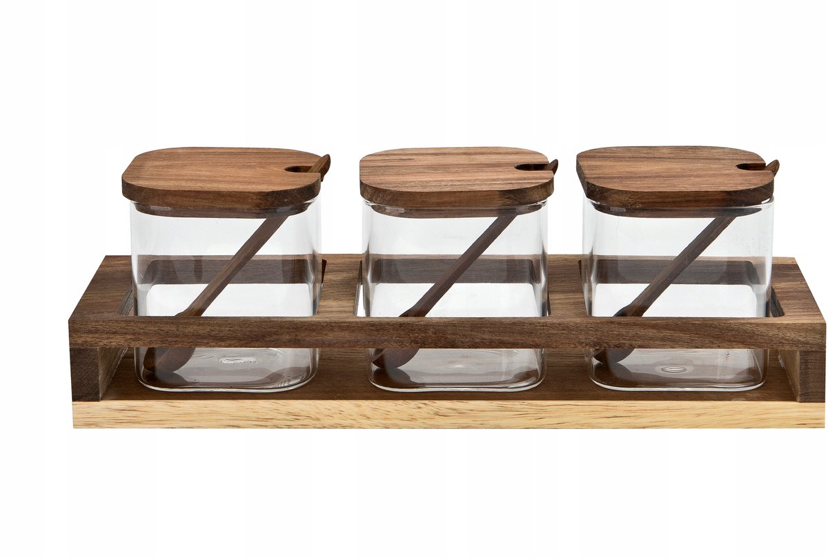 Set van 3 glazen potten 400ml met bamboe planken en lepels