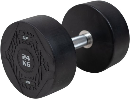 Zwarte ronde dumbbell van 24 kg, met zilveren handvat en decoratief patroon met "24 KG" erop.