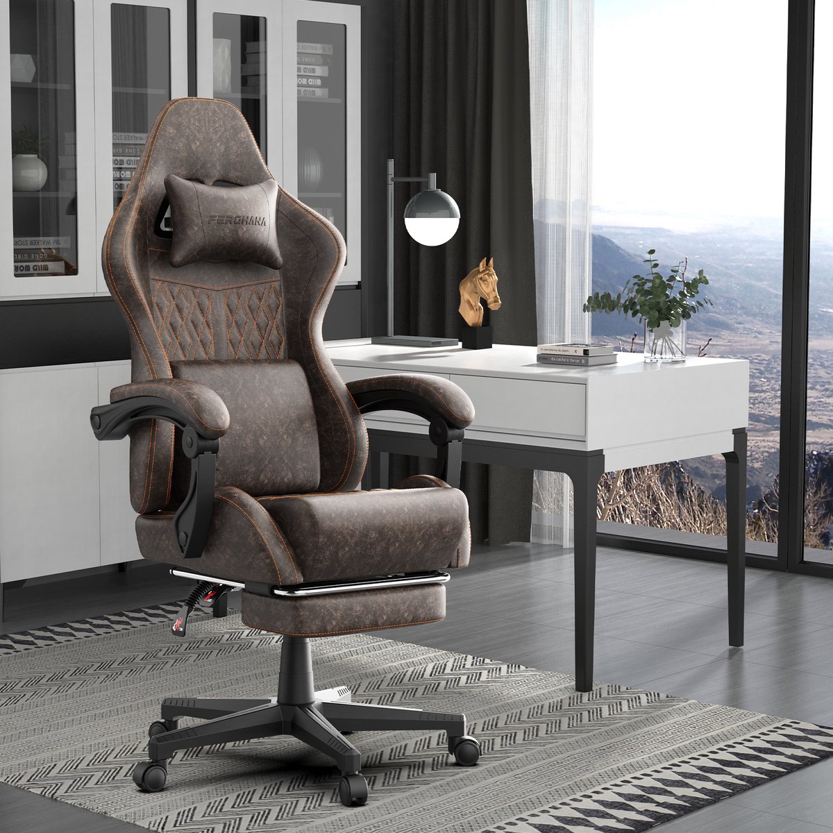 Soontrans-Gaming Stoel-Inklapbare Voetensteun-Gamestoel Verstelbaar Rugleuning-Ergonomische Gaming Chair-Bureaustoel-Max Draagvermogen 120 kg-PU Kunstleer Computerstoel Gaming Voor Volwassenen en Jongeren-Bruin thumbnail 3