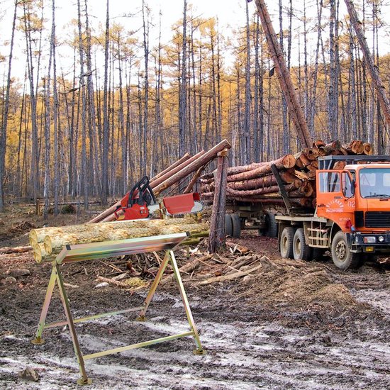 Zilverkleurige zaagbok met kettingzaag en boomstammen in een bosrijke omgeving met een vrachtwagen vol hout.