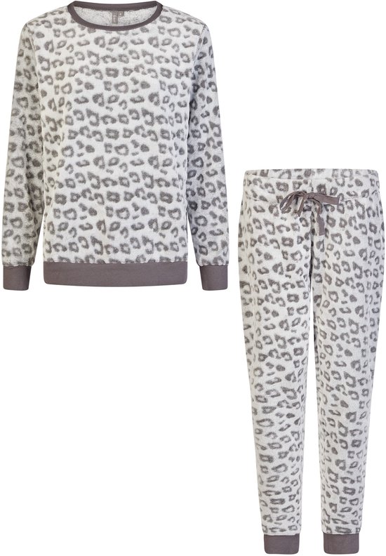 Grijze fleece lounge set met panterprint: sweater en broek met trekkoord.