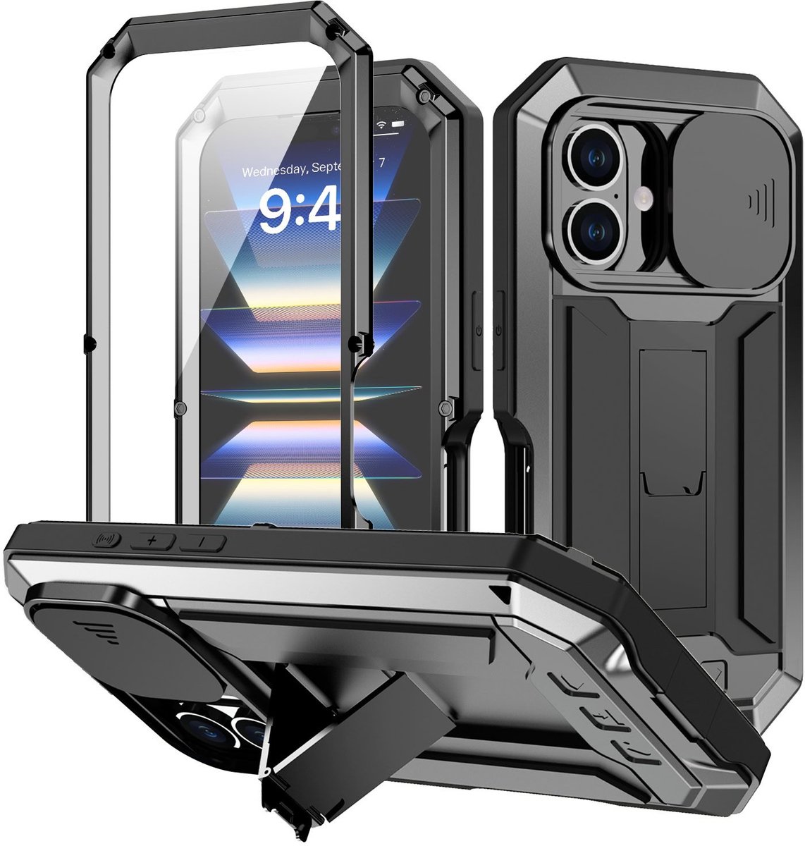 Fonu stofdicht metalen hoes geschikt voor iPhone 16 Plus - Zwart