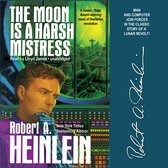 Boekomslag van 'The Moon Is A Harsh Mistress' met een afbeelding van een man, groene steden en de titel.