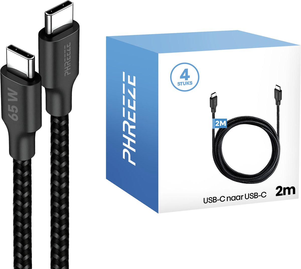Sterke usb C kabels 2 meter - Stevig nylon - 65w fast charge - 4 pack - Zwart - Phreeze