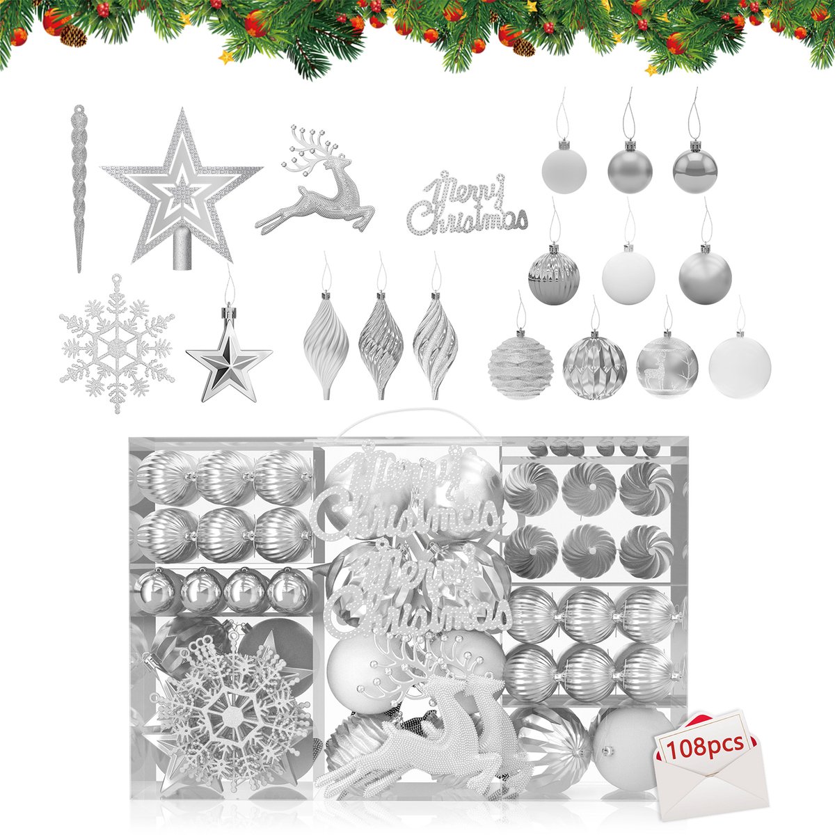 108 Stuks Kerstballen Kleine Kerstboomballen Kunststof Met Hangaanbeker Kerstdecoratie Ballen Kerstversiering Decoratie Kerstboomversiering, Zilver