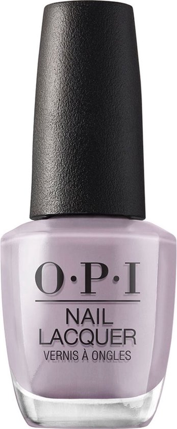 Une bouteille de O.P.I. Nail Lacquer avec un vernis gris taupe clair et un bouchon noir.