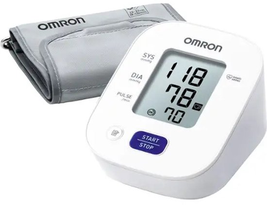 Witte Omron bloeddrukmeter met grijze manchet. Het scherm toont 118/78 en 70.