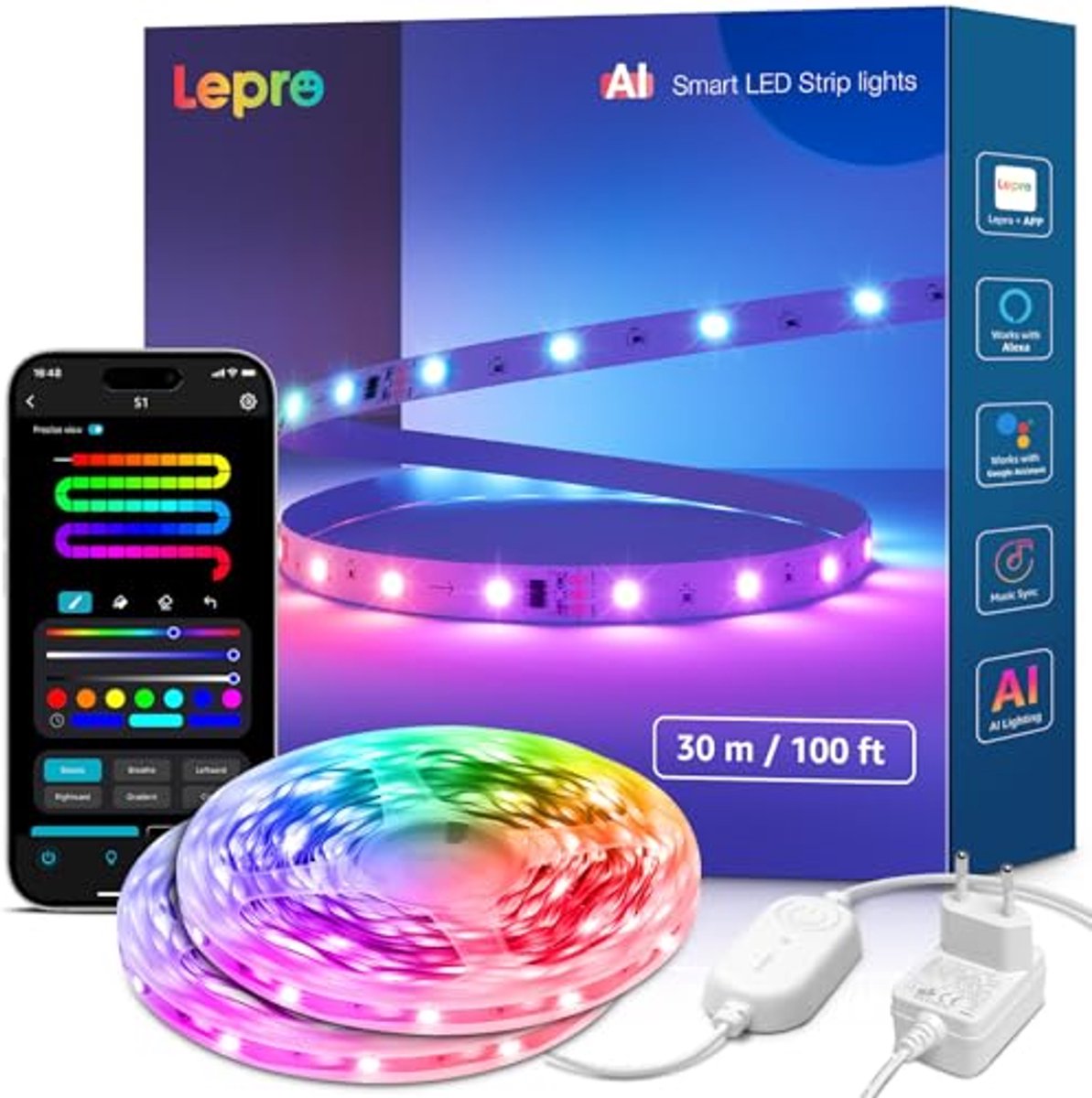 30 m slimme ledstrip met muzieksync en app, compatibel met Alexa en Google Assistant - ideaal voor kamer, tv, feest en gaming