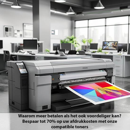 Grande imprimante grise dans un bureau moderne, imprimant un document artistique coloré. Pourquoi payer plus cher quand c'est plus abordable ? Économisez jusqu'à 70% sur vos coûts d'impression avec nos toners compatibles.