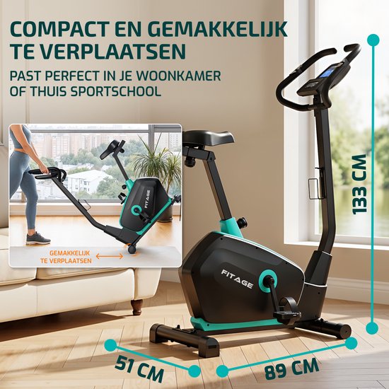 Zwarte en teal FITAGE hometrainer met display. Inzetstukken tonen de trainer op wieltjes en de afmetingen.