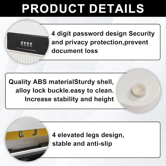 Productdetails off-white opbergbox: 4-cijferig slot, ABS materiaal, verstevigd, 4 verhoogde anti-slip poten.