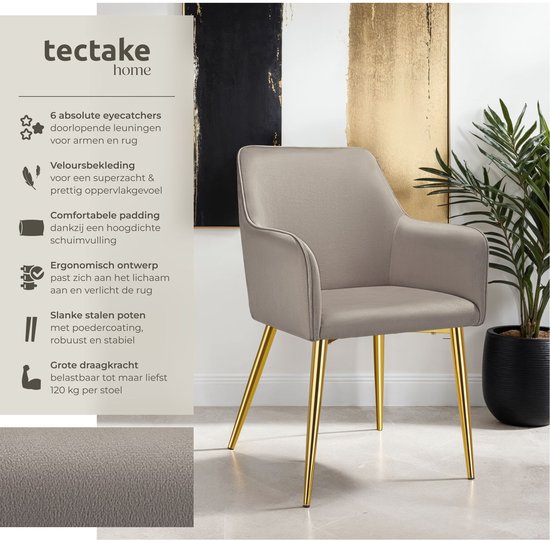 Taupe fluwelen eetkamerstoel met gouden poten, naast een grote plant. Kenmerken worden met iconen en tekst uitgelegd.