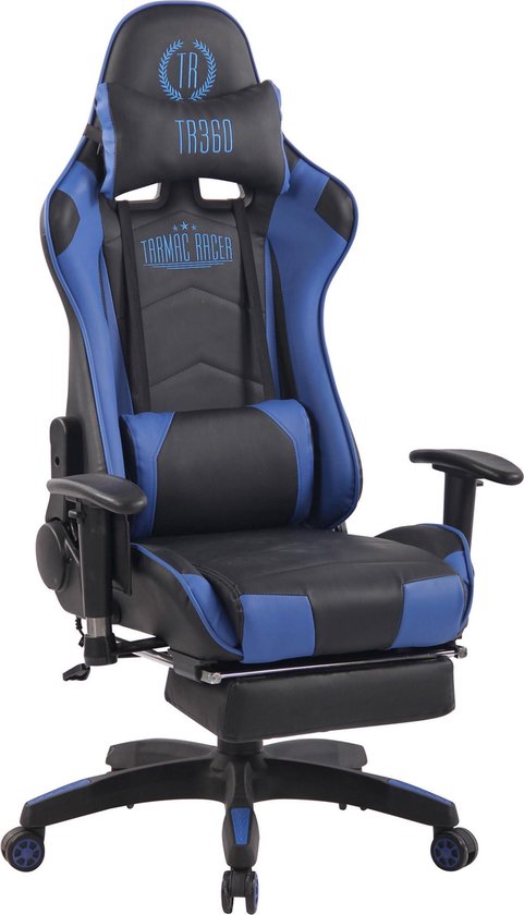 Bureaustoel - Game stoel - Massagefunctie - Voetensteun - In hoogte verstelbaar - Kunstleer - Blauw/zwart - 51x67x138 cm
