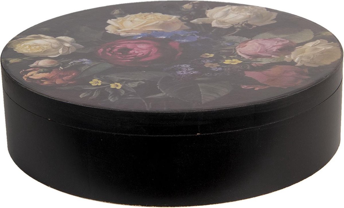 Clayre & Eef Opbergdoos Ø 25x7 cm Zwart Hout Rond Bloemen Opbergbox