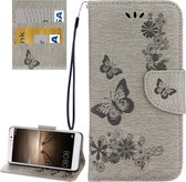 Voor Huawei Mate 9 vlinders Embossing horizontale flip lederen tas met houder & kaartsleuven & portemonnee & lanyard (grijs)