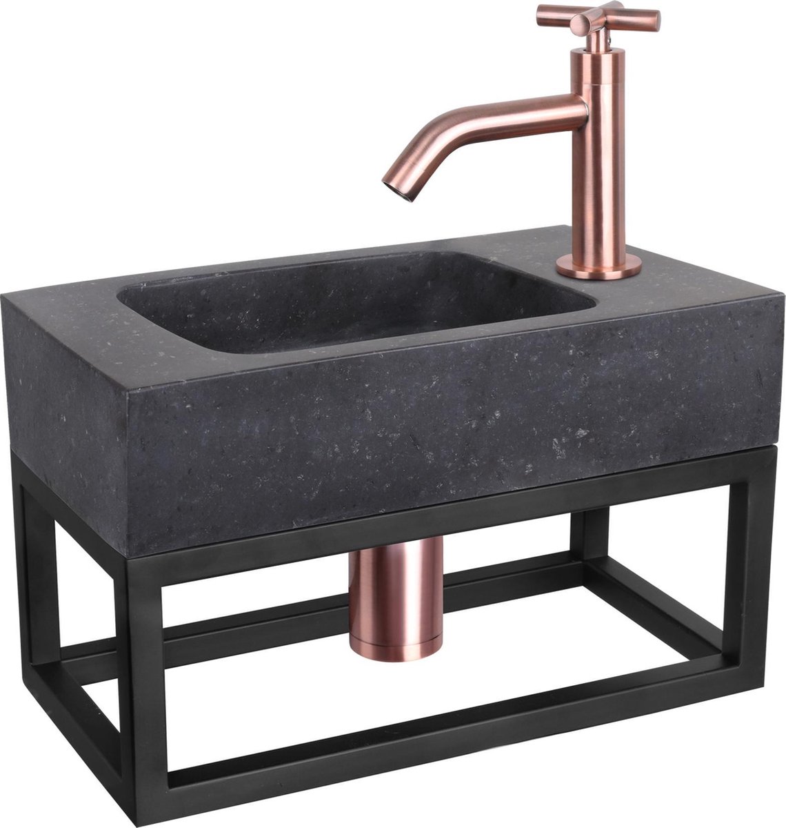 Differnz Fonteinset Bombai black - Natuursteen - Kraan kruis rood koper - Met handdoekrek - 40 x 22 x 9 cm