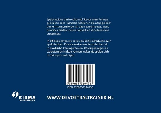 Achterkant van een boek met de tekst 'Trainen op spelprincipes'. Bevat een barcode en ISBN.