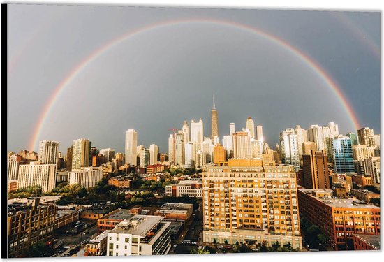 Dibond –Dubbele Regenboog boven Stad– 150x100 Foto op Aluminium (Wanddecoratie van metaal)