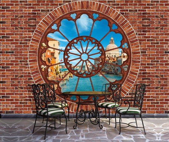 Fotobehang - Vlies Behang - 3D Uitzicht op Venetië door Rond Raam - 312 ...