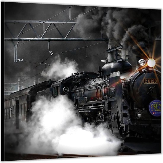 Dibond –Zwarte Stomende Locomotief– 80x80 Foto op Aluminium (Met ophang)