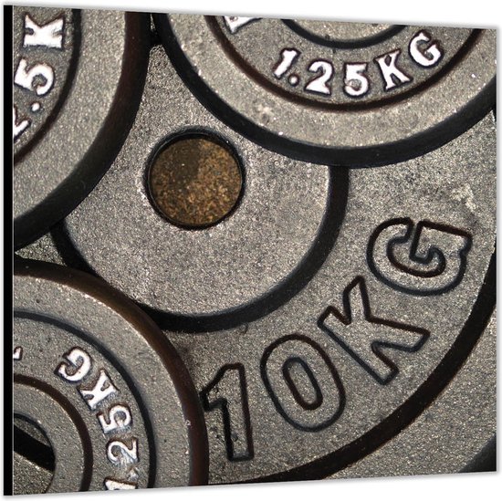 Dibond –Gewichtsschijven van dichtbij– 80x80 Foto op Aluminium (Met ophang)