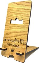 Skyline Telefoonhouder Den Haag Eikenhout - Smartphone Tablet Houder 7x15 cm - iPad / iPhone / Smartphone tafel standaard desktop - Thuis werken - Cadeau - WoodWideCities
