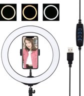 PULUZ 10,2 inch 26 cm USB 3-standen Dimbare LED-ring Vlogging Selfie Fotografie Videolichten met koude schoen Statief Balhoofd & telefoonklem (zwart)