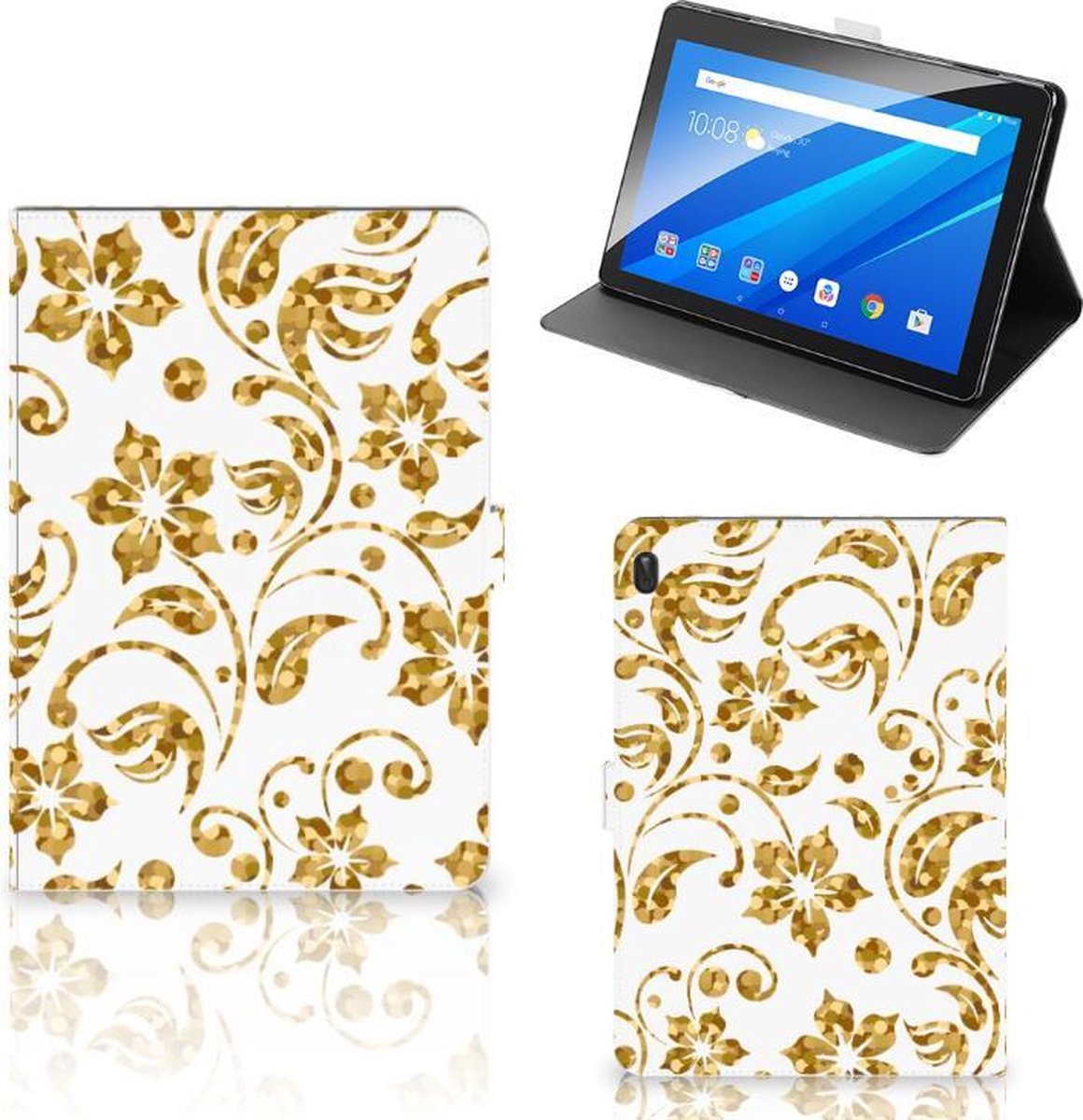 Lenovo Tab E10 Tablet Cover Gouden Bloemen