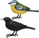 Decoratie vogels/muurvogels Merel en pimpelmees voor in de tuin 38 cm - Tuinvogels dierenbeelden
