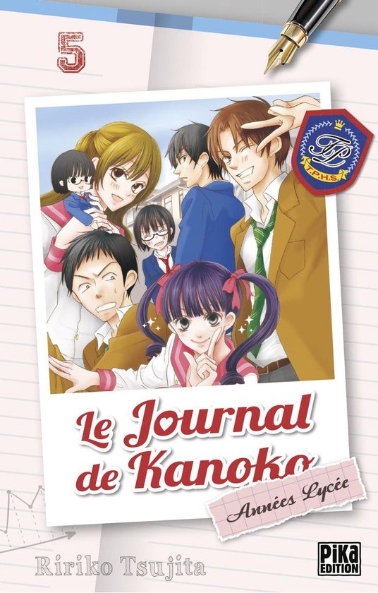 Couverture manga de Le Journal de Kanoko - Années Lycée 5 montrant un groupe de lycéens en uniforme et une poupée.