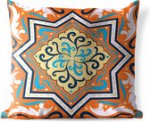 Buitenkussens - Tuin - Vierkant patroon met een ster op een oranje achtergrond met versieringen - 50x50 cm