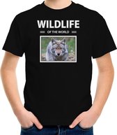 Dieren foto t-shirt Wolf - zwart - kinderen - wildlife of the world - cadeau shirt Wolven liefhebber S (122-128)