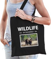 Dieren Beer foto tas katoen volw + kind zwart - wildlife of the world - kado boodschappentas/ gymtas / sporttas - Beren