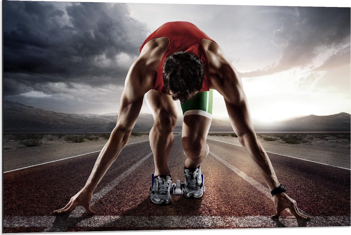 Dibond - Sprinter in de Startblokken  - 90x60cm Foto op Aluminium (Wanddecoratie van metaal)