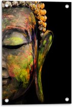 Tuinposter – Geverfd Boeddha Hoofd - 40x60cm Foto op Tuinposter  (wanddecoratie voor buiten en binnen)