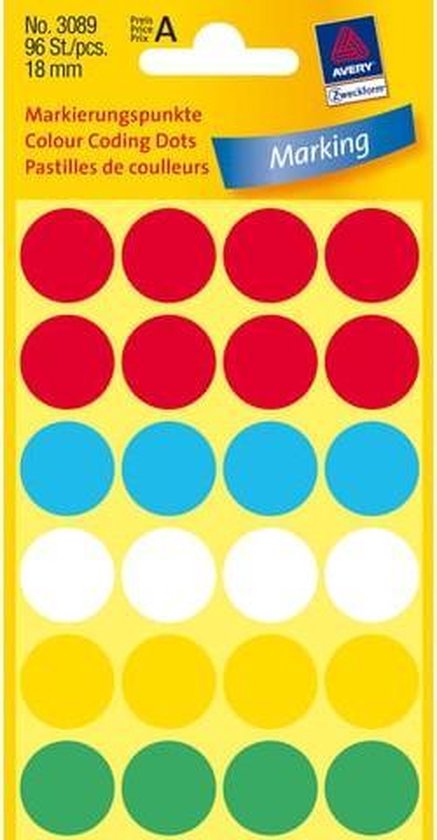 Verpakking met 96 rode, blauwe, witte, gele en groene ronde etiketten.