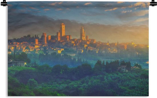 Wandkleed San Gimignano - Zonsopkomst boven San Gimignano bij Toscane in Italië Wandkleed katoen 150x100 cm - Wandtapijt met foto