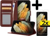 Samsung S21 Ultra Hoesje Book Case Met 2x Screenprotector - Samsung Galaxy S21 Ultra Case Wallet Hoesje Met 2x Screenprotector - Bruin