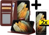 Hoesje Geschikt voor Samsung S21 Ultra Hoesje Book Case Hoes Wallet Cover Met 2x Screenprotector - Hoes Geschikt voor Samsung Galaxy S21 Ultra Hoesje Bookcase Hoes - Bruin