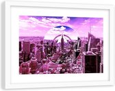 Foto in frame , Wolkenkrabbers door een Roze lens ,120x80cm , roze , wanddecoratie