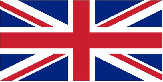 De Union Jack, de vlag van het Verenigd Koninkrijk, met een rode kruis en witte diagonale lijnen op een blauwe achtergrond.