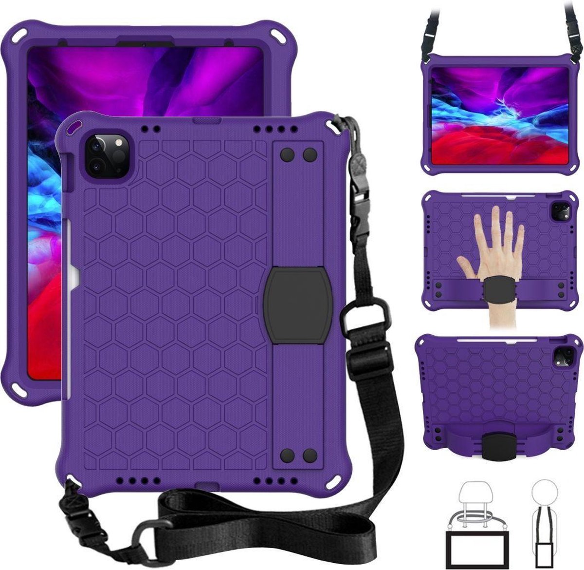 Mobigear HexStrap Tablethoes geschikt voor Apple iPad Air 4 (2020) Hardcase Backcover + Stylus Houder + Schouderband + Standaard - Paars