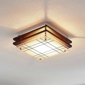 Lindby - plafondlamp hout - 1licht - hout, glas - H: 8 cm - E14 - donkerbruin, wit