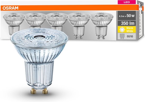 Lampe LED GU10 Réflecteur 4,3 W = 50 W Blanc chaud 5 pièces OSRAM 4058075090460