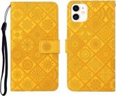 Etnische stijl reliëf patroon horizontale flip lederen tas met houder & kaartsleuven & portemonnee & lanyard voor iPhone 11 (geel)