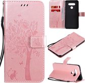 Voor LG K51 Boom & Kat Reliëfpatroon Horizontale Flip Leren Case met Houder & Kaartsleuven & Portemonnee & Lanyard (Rose Goud)