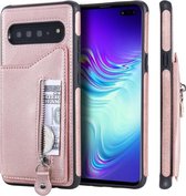 Voor Galaxy S10 5G effen kleur dubbele gesp ritssluiting schokbestendige beschermhoes (rose goud)