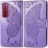 Voor Huawei Nova 7 Pro Vlinder Liefde Bloem Reliëf Horizontale Flip Leren Case met Beugel / Kaartsleuf / Portemonnee / Lanyard (Lichtpaars)