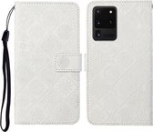 Voor Samsung Galaxy S20 Ultra etnische stijl reliëf patroon horizontale flip lederen tas met houder & kaartsleuven & portemonnee & lanyard (wit)