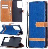 Voor Samsung Galaxy S21 Ultra 5G Kleuraanpassing Denim Textuur Horizontale Flip Leren Case met Houder & Kaartsleuven & Portemonnee & Lanyard (Blauw)